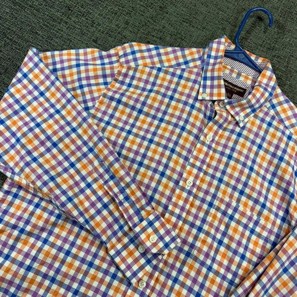 Johnston & Murphy Button Down Mens Large Orange Purple Blue Gingham Plaid Shirt